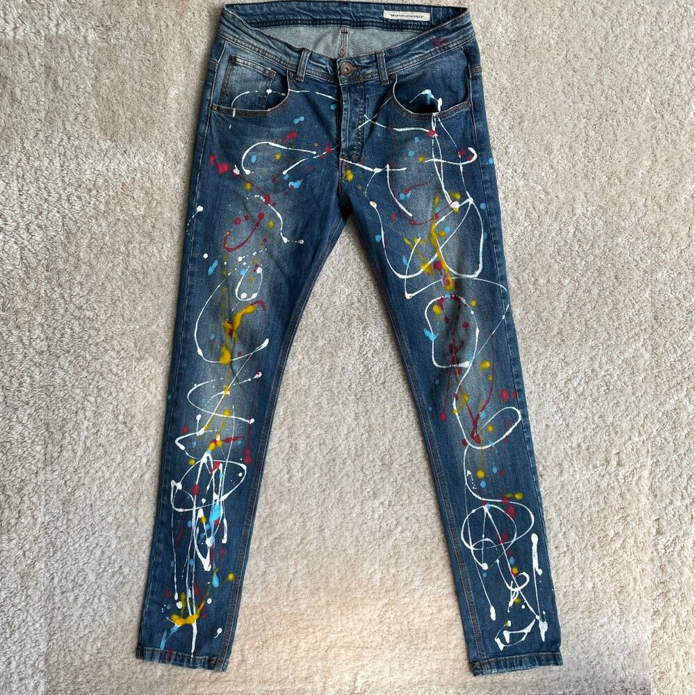 Streetwear Hip Hop Paint Splatter Jeans Women 32 Blue 25Degrees Button Fly Denim